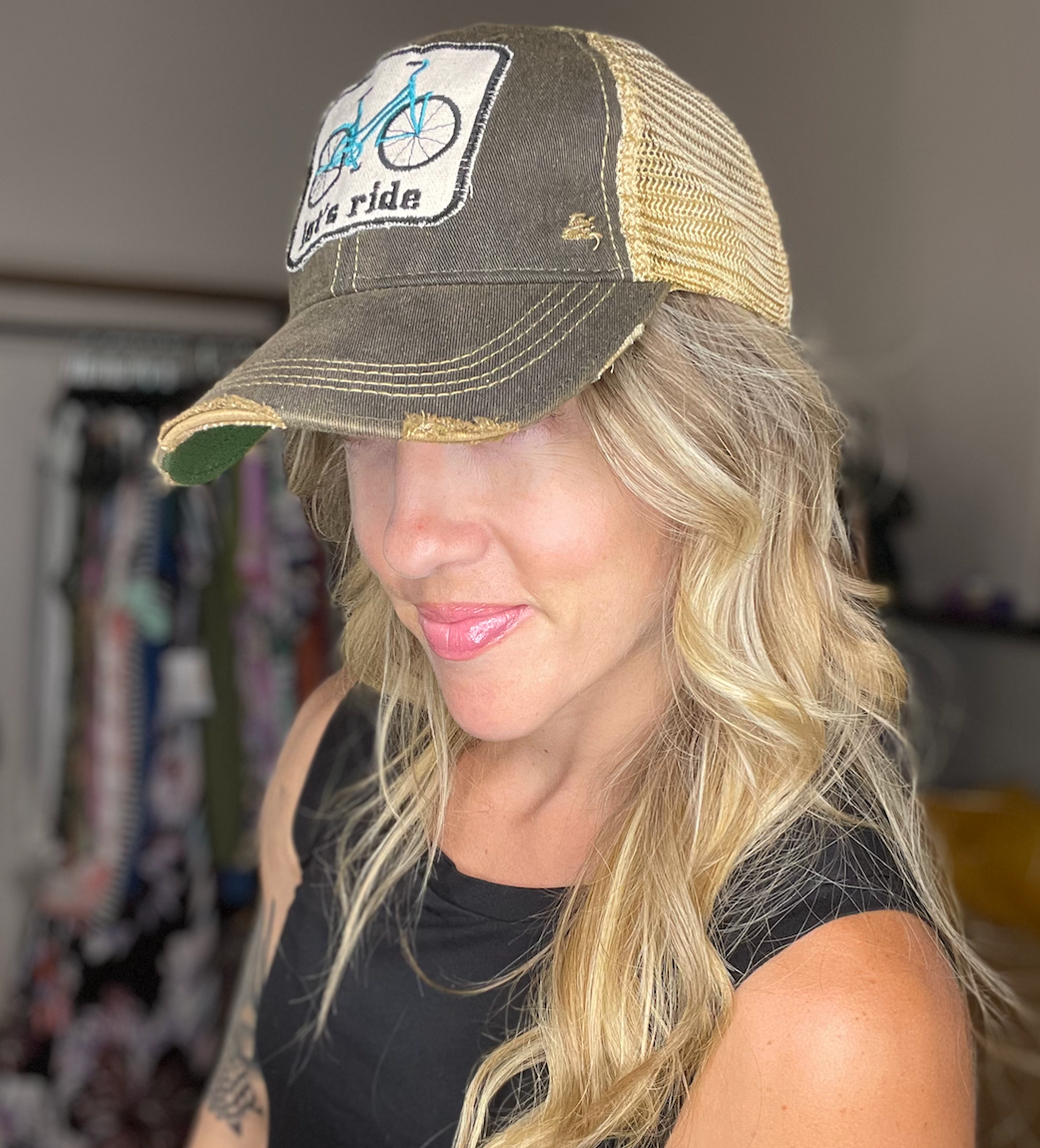 Let's Ride bicycle distressed trucker hat