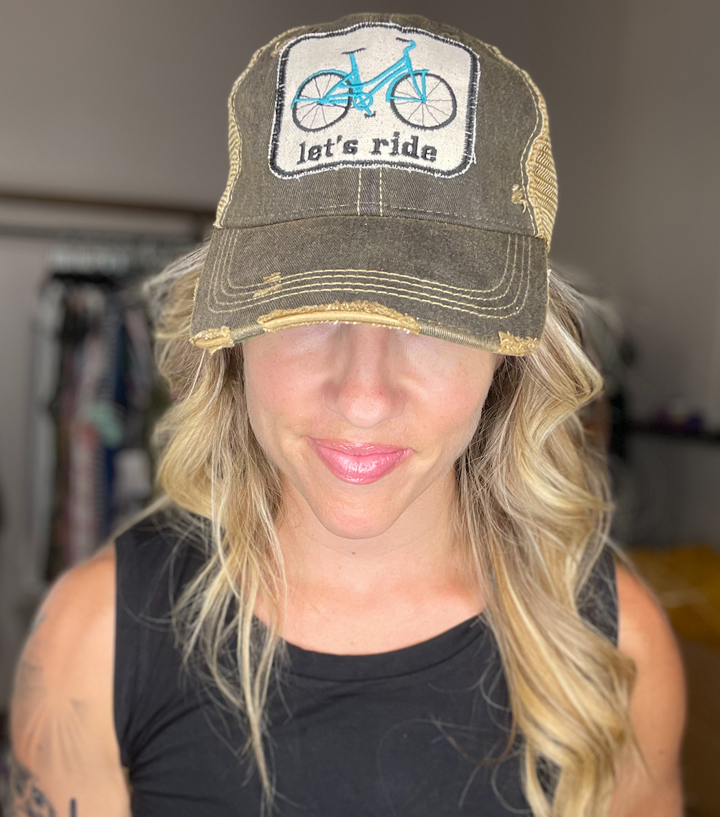 Let's Ride bicycle distressed trucker hat
