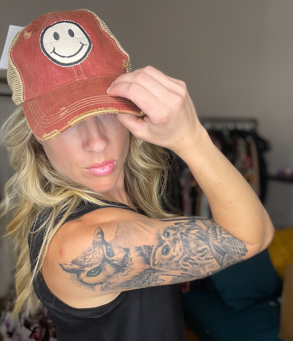 Red Smiley face distressed Trucker hat