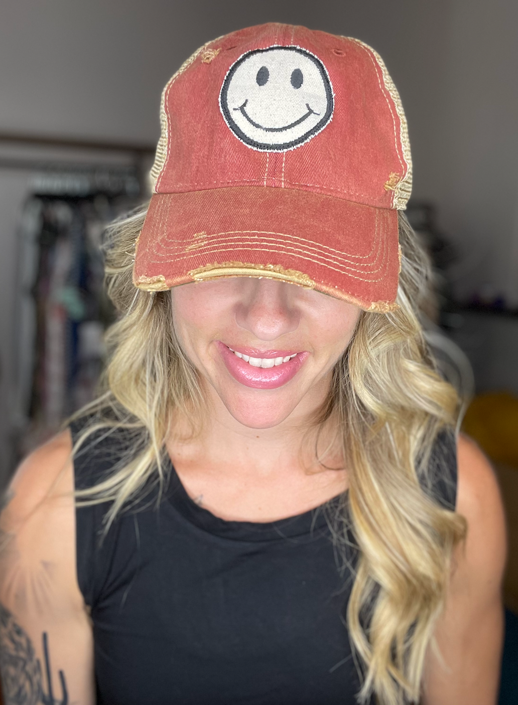 Red Smiley face distressed Trucker hat